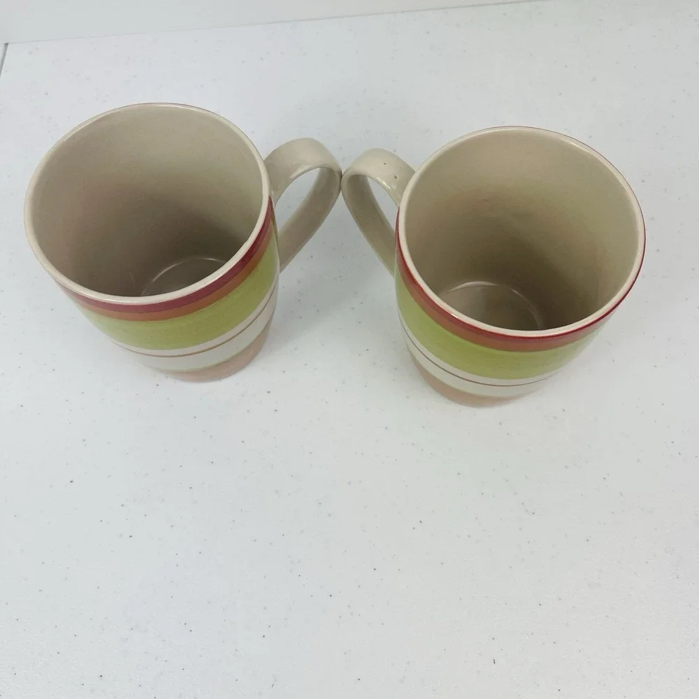 Pier 1 Valencia Stoneware Orange Red Rust Green Striped Mugs‎ Hand Painted Set 2